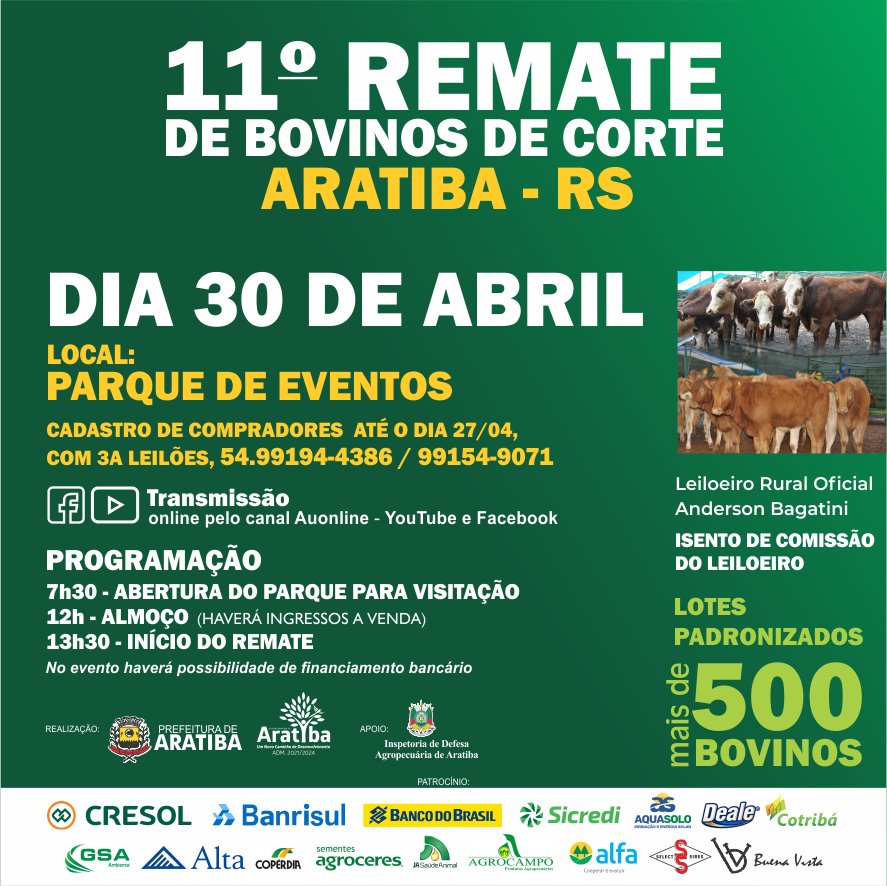 Aratiba vai realizar remate de bovinos de corte no dia 30 de abril
