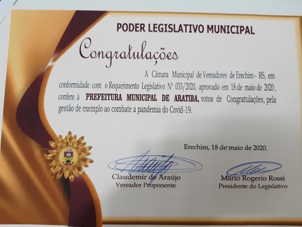 Aratiba recebe certificação de destaque pelas ações contra o Coronavírus