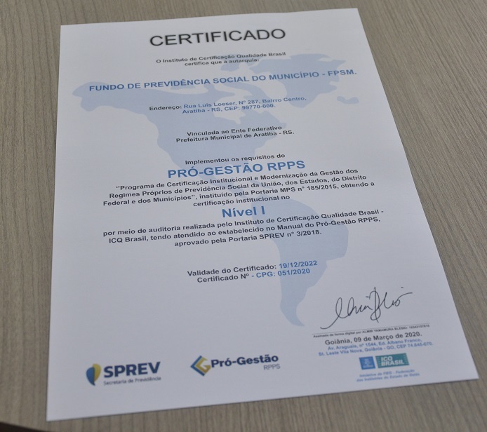 Fundo de Previdência Social de Aratiba - FPSA passa a ter certificação do Pró-Gestão